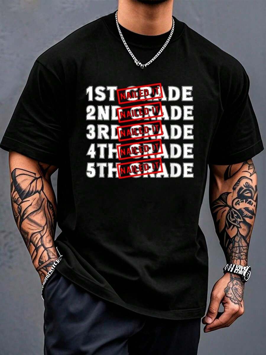Goodbye 5th Grade Graduation Hello 6th Grade Last Day School T-Shirt Print T-Shirt Casual Crew Neck Short Sleeve Comfort Tee Top For Spring & Summer Men's Clothing - 黑色 - 查看 1