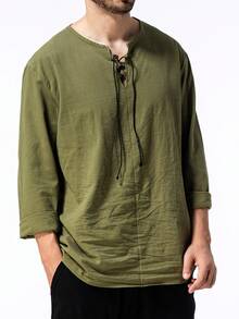 Spring And Autumn New Henry Shirt Men's Casual Solid Color Long Sleeve Shirt Cotton And Linen Collar Shirt - Army Green - View 3