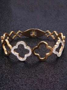 1pc Stainless Steel 18k Gold Plated Hollow Four-Leaf Clover Bangle Bracelet With Spring Clasp, Perfect Gift For Women On Valentine's Day Or Holidays