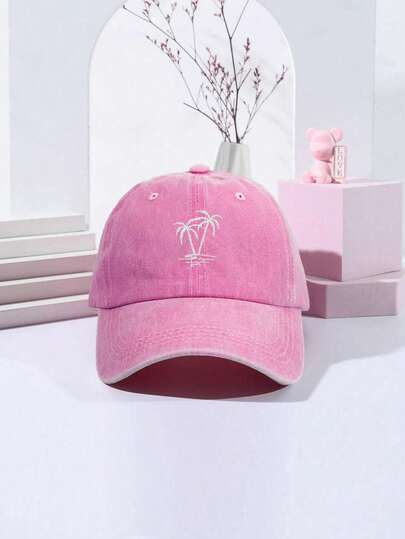 1pc Unisex Y2K Style Embroidered Palm Tree Washed Baseball Cap, Pink, Outdoor Sports Sun Protection, Suitable For Daily Commute