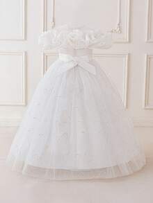 Váy dự tiệc hở vai xếp ly màu hồng thêu hoa cho bé gái tuổi teen, thanh lịch cho tiệc sinh nhật, đám cưới, tốt nghiệp và dạ hội - trắng - Xem 2