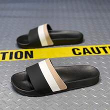 2024 新款厚底条纹男士室内/室外拖鞋，防滑家居浴室，时尚情侣拖鞋，加大码 47 - 黑卡其 - 查看 7