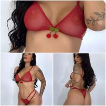 conjunto cereja feminino em tule  linha noite - Vermelho - Visão 6