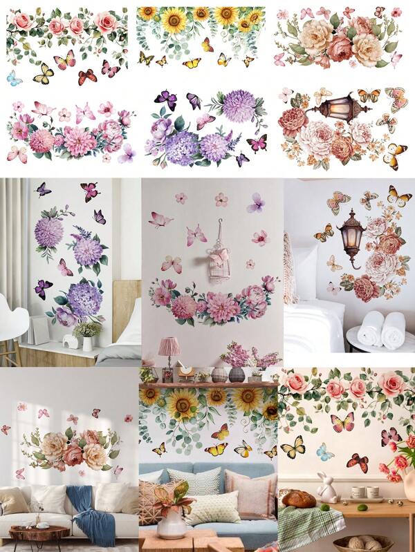 1 Piece Flower, Butterfly And Sunflower Wall Sticker Decor, Suitable For Nursery, Bedroom, Living Room, Cabinet, Bathroom