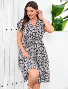 Women's Plus Size Summer Floral Midi Dress V-Neck A-Line Dress Ruffled Cap Sleeves Belt Dresses With Pocketed Casual Outfit - 黑色 - 查看 3