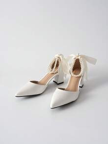 蝴蝶结小粗跟尖头低帮凉鞋，搭配白色/黑色连衣裙，镂空后跟凉鞋，圣诞节冬季圣诞礼物 - 白色 - 查看 10