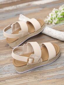 1 pereche de sandale bej pentru adolescente și fete tinere (alergătoare mari), sandale de plajă la modă cu vârf pătrat și talpă groasă, pantofi de vară confortabili și ușori pentru copii, potriviți pentru școală și purtare zilnică