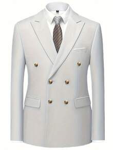 2pcs Men's Fashion New Solid Color Slim Fit Stretchy Suit Set, Including Double-Breasted Blazer And Trousers, Business Formal Work Outfit, Tuxedo - White - View 3