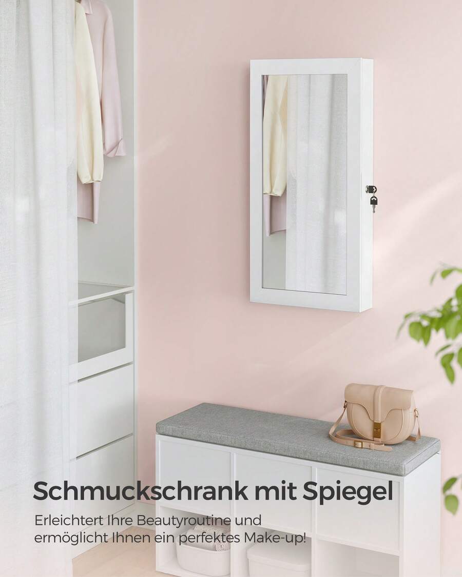Schmuckschrank, Lagerung für das Studentenwohnheim - Oberfläche in Weiß, Innenfutter in Greige - Übersicht 1