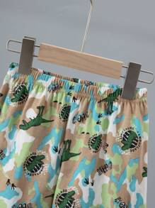 Set de 6 piezas de pijama corto con estampado de dinosaurios de dibujos animados y color de contraste, de manga corta y pantalones cortos, ropa de casa ligera de algodón para niños pequeños