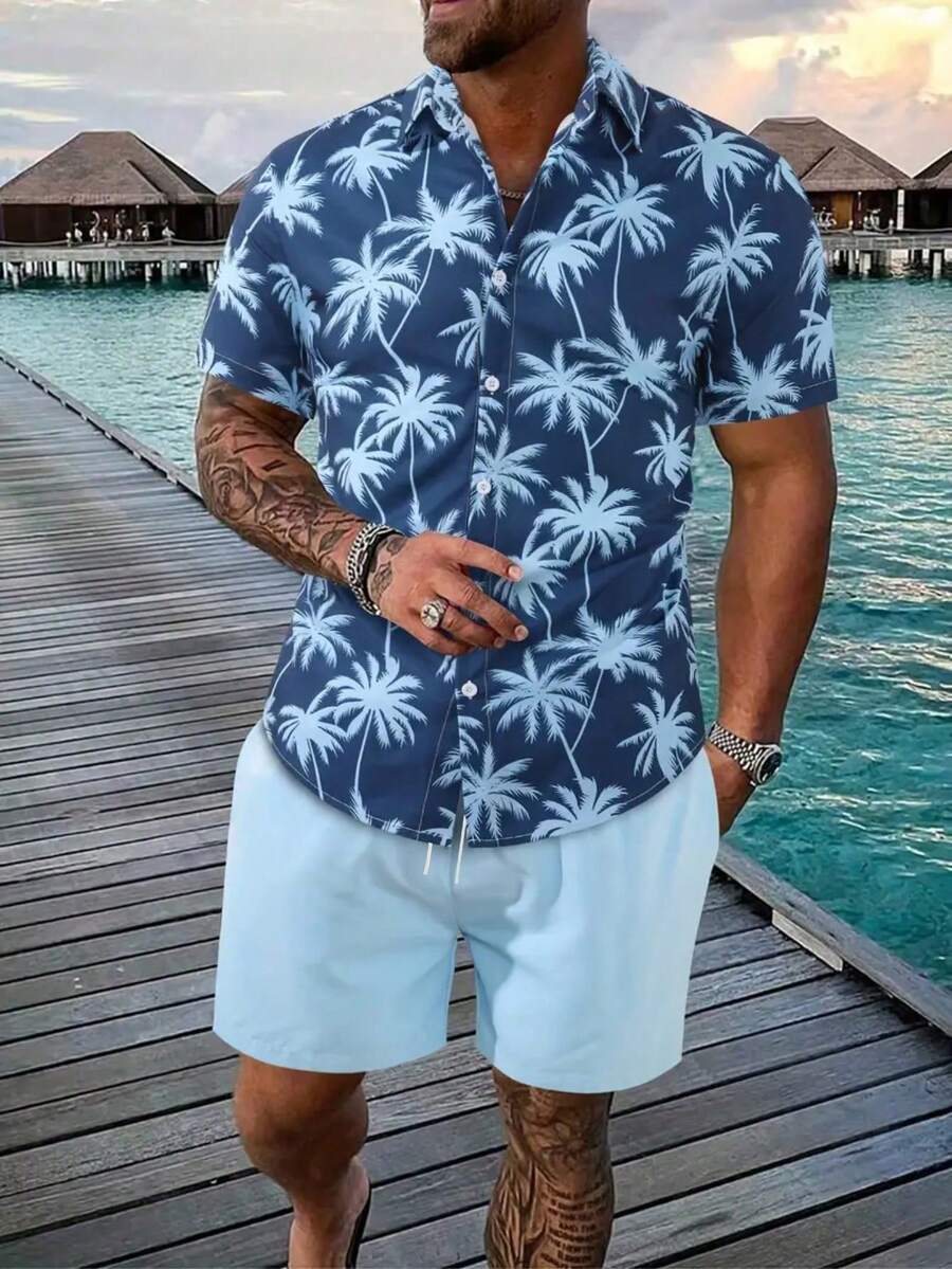 2pcs/Set Plus Size Men's Coconut Tree Digital Print Button-Down Casual Shirt And Solid Color Drawstring Shorts Summer Outfit, Fashion Versatile Suitable For Dates, Beach, Vacation - Blue - View 1