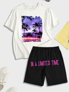 Conjunto personalizado de 2 peças para homens: camiseta e shorts, casual, caimento solto, streetwear, roupa esportiva, férias, atividades ao ar livre, primavera, verão, outono, adequado para namorado, família, amigos - Branco - Ver 3