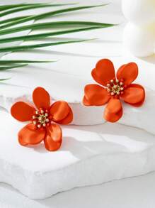 1 Pair 3D Lifelike Summer Vacation Asymmetrical Layered Orange Five-Petal Flower Stud Earrings, Suitable For Women Travel, Dating, Daily Wear