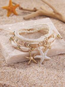 4pcs/Set Bohemian Style Starfish, Dolphin, Shell & Bead Decor Stacking Bracelets, Cute Ocean Themed Bracelet Set Suitable For Women, Beach, Casual, Holiday Wear