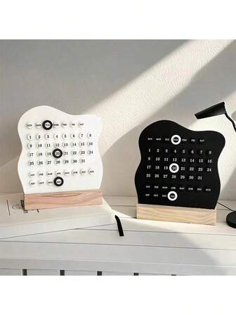 1 件现代简约波浪线设计迷你台历、木质底座装饰、办公桌配件、节日装饰