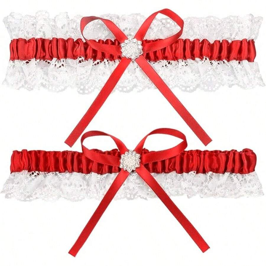 White Lace Wedding Garter Set For Bride, Elegant Bridal Garter Belt, Classic Leg Accessories For Wedding & Prom - Đỏ - Xem 1