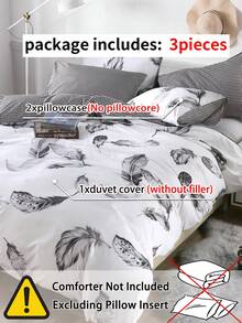 3pcs/Set Feather Pattern Duvet Cover Set(1 Duvet Cover & 2 Pillowcase)Soft And Skin-Friendly Duvet Cover Bedding Set For Home, All Season Bed Sheets Set - White - View 9