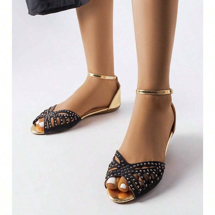 Summer Fashion Studded Flat Sandals - Black - View 1