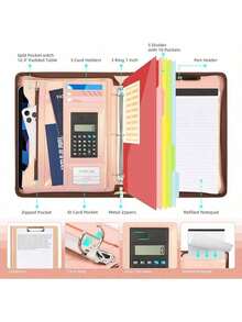 Clipboard With Storage, 3 Ring Binder With Zipper, Leather Padfolio Portfolio Folder, Calculator, 12.1" Tablet Sleeve, 5 Dividers With Pocket|Refillable Notepad, Card Slot (Black) - Black - View 3