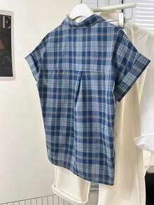 女式格子单排扣短袖口袋休闲衬衫