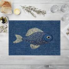 4 Piezas Mantel individual con patrón bordado de peces, antideslizante y sin arrugas de lino, adecuado para restaurante y decoración del hogar, ideal para bodas y aniversarios