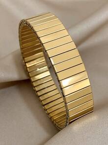 1pc Unique Concave Textured Bracelet Watch Strap Elastic Bracelet For Women Stainless Steel Rhinestone Bracelet Chunky Golden Bracelet For Party Birthday Jewelry Gifts