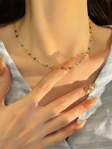 女士彩色多巴胺水晶项链，精致锁骨小众链