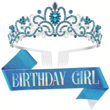 2pcs/Set Baroque Rhinestones Birthday Princess Queen Sash Ribbon Birthday Queen Crown Tiara Rhinestone Birthday Headbands Birthday Sash With Ribbon Pearl Pin Happy Birthday Crown And Sash Ribbon For Birthday Party Ball Decoration Bridal Tiara For 13th 16th 18th, 20th, 30th, 40th, 50th, And 60th 70th 80th Birthdays - Add A Touch Of Elegance To Your Party Decorations Party Supplies Ribbon