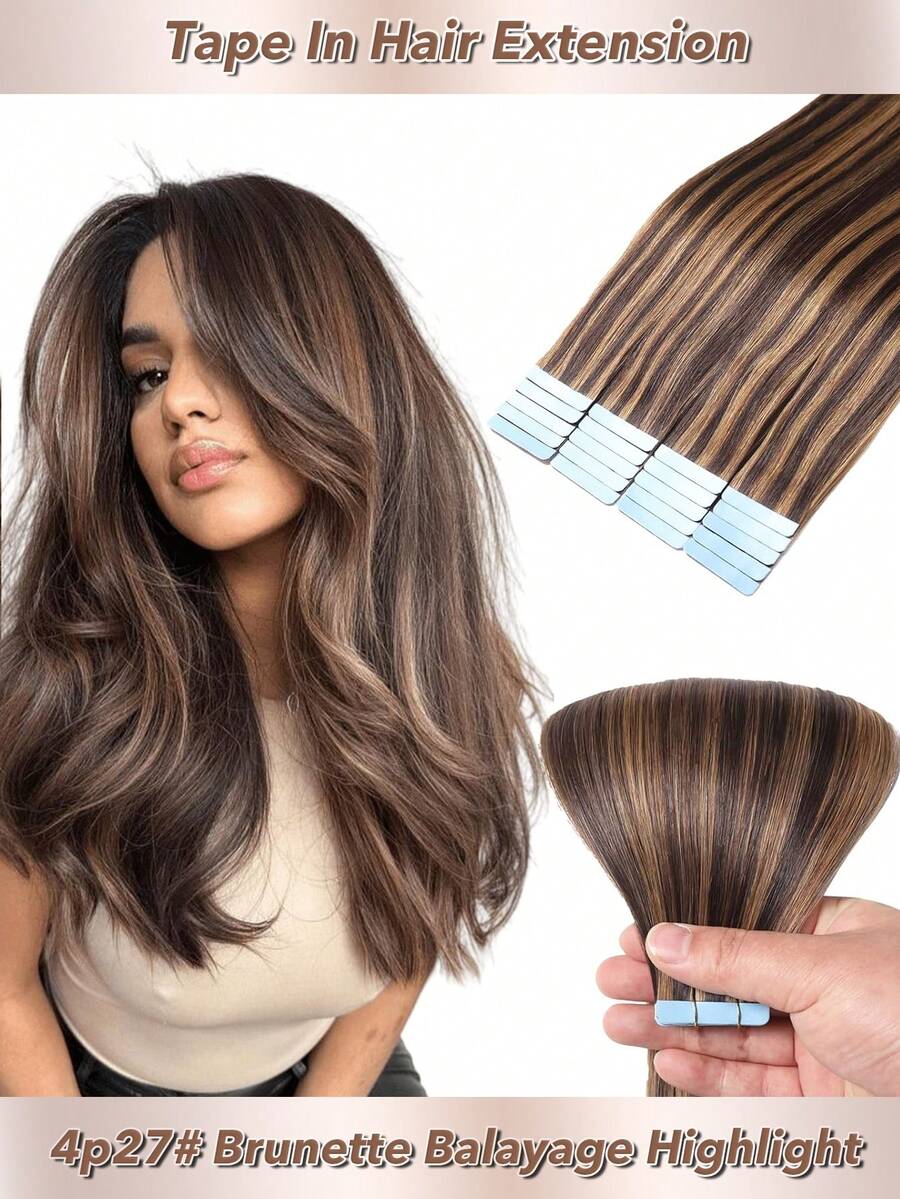 20pcs 50g Straight Tape In 100% Remy Human Hair Extension For Salon, Seamless Skin Weft Tape Extension Thick Hair Full Head Adhesive Tape Hair Extensions, 20pcs/Pack Highlight 4P27# , Tape Extensions Human Hair,Highlight Human Extensions - S4/27 - 查看 1