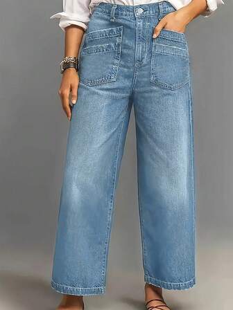 女士时尚口袋设计休闲复古宽松阔腿牛仔裤，百搭夏季