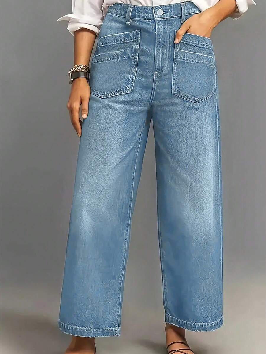 女式夏季休闲复古宽松阔腿牛仔裤，带口袋 - 淺藍 - 查看 1