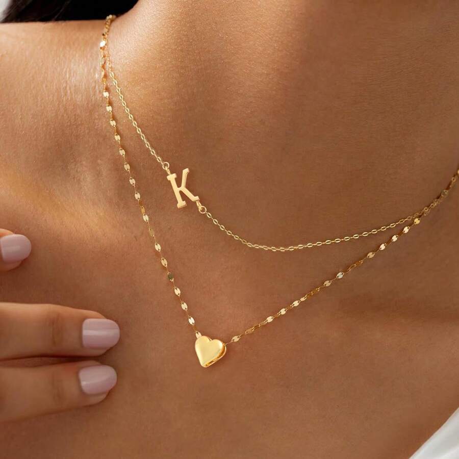 2件套新款时尚心形字母吊坠项链，不锈钢唇链多层项链，女士款 - 金黃色 - 查看 1