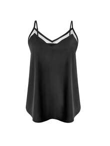 Camiseta de tirantes con panel de malla y cuello en V para mujer, de color liso, casual y elegante para la playa, vacaciones, luna de miel y citas. Puede usarse como camiseta interior. Primavera/Verano