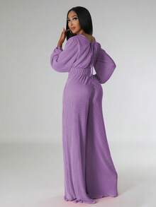 Salopetă cu decolteu în V, plisată, cu mânecă lungă și talie largă, cu pantaloni largi - Violet - Vizualizare 3