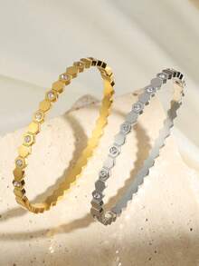 1入精美不銹鋼圓形金色鍍帶嵌鑽石手環，抗褪色無過敏簡約手鍊適用於女性 - 手鐲 - 查看 7