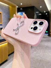 1 pieza Funda de teléfono de piel sintética PU con lazo 3D, compatible con iPhone 17/17 Air/17 Pro/17 Pro Max/16/16 Pro/16 Plus/16 Pro Max 16 15 14 13 12 Pro Max Plus 11, textura de piel de litchi gris minimalista suave para chicas - Rosa - Ver 4