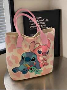 Disney 1 pieza (Autorizado por Disney) Bolsa de lona de gran capacidad con un solo hombro con diseño de la serie de dibujos animados a rayas de Stitch, estilo japonés.