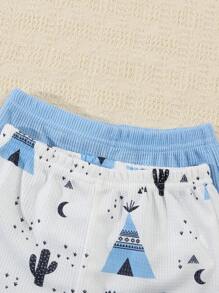 Set da 4 pezzi per neonato maschio, composto da canotta a fantasia di cactus e tinta unita in maglia waffle con collo tondo, più pantaloni, outfit casual di moda per l'estate