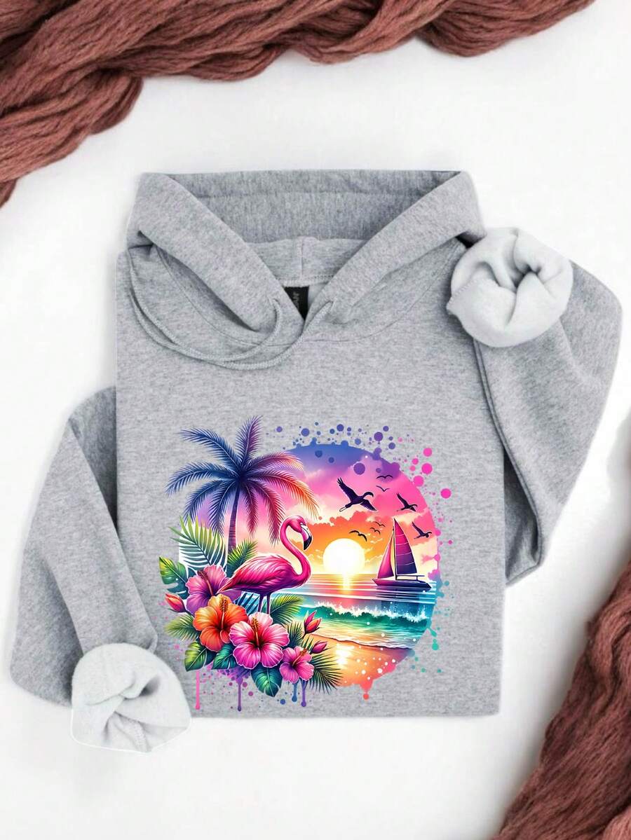 Floral Flamingo Hoodie, Animal Lover Hooded, Retro Hoodies For Mama, Pink Flamingo Summer Hooded, Women Flamingo Long Sleeve Hoodie, Vacation Hoodies. TD1129 - Grey - View 1