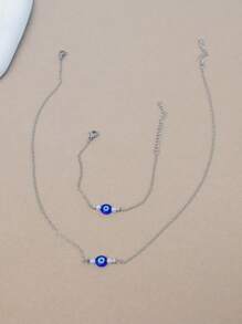 Conjunto de 2 peças de colar e pulseira de contas geométricas assimétricas minimalistas e modernas com mau-olhado em aço inoxidável, adequado para uso diário