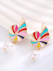 1 par de pendientes con diseño de caracol de colores y perlas falsas, accesorio elegante y encantador para mujeres, adecuado para fiestas, banquetes y uso diario