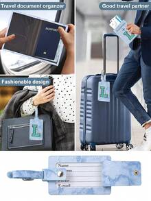 Passport Case And Baggage Tag Travel Accessories Personalised Initial With Name Monogram Luggage Portable Tag PU Leather For Suitcase Baggage Handbag Tags Travel Bag Label Tag Best Gift Passport Holder For Travel For Flight Passport Cover - Blue - View 2