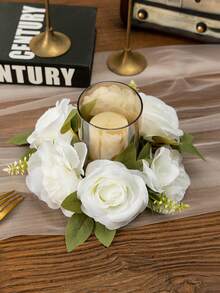 1 件人造花小蜡烛环花环 - 9.84 英寸内径仿厨柜花环，白色假玫瑰人造花婚礼桌中心装饰春夏花环适用于前门婚礼花束派对装饰、家居装饰、婚礼布置、浪漫约会、婚礼花环 - 彩色 - 查看 10