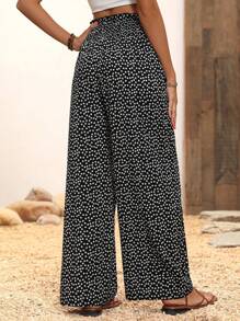Pantalones anchos de pierna recta de cintura alta con lunares, cintura ajustada, pantalones casuales de pierna ancha estilizantes