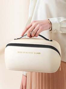 Large Capacity Travel Makeup Bag, Made Of PU, Stylish & Appearance, Portable Handheld Storage, Multifunctional Toilet Pouch