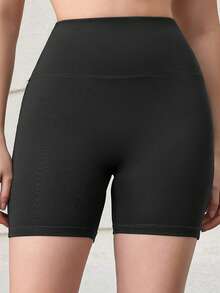 1 pieza Pantalones de yoga de estilo deportivo de verano con diseño sin costuras, efecto levantador de glúteos, cintura alta, diseño moldeador del abdomen, color sólido, diseño minimalista y moderno, pantalones cortos deportivos para exteriores, fitness, running, entrenamiento, ciclismo, livianos, suaves, de secado rápido, transpirables y absorbentes de sudor