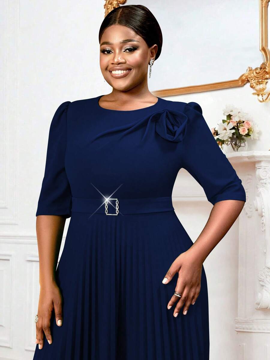 Plus Size Easter Crewneck Half Sleeve 3D Flower Buckle Pleated A-Line Work Elegant Dresses For Birthday, Wedding Guest, Graduation, Dinner, Homecoming - 藏藍 - 查看 1