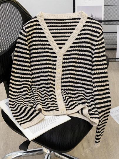 GIGOGOU Gestreifte Strickjacke aus Strickgewebe mit Hohlräumen für Frauen, für den täglichen Frühjahrs-/Herbstgebrauch