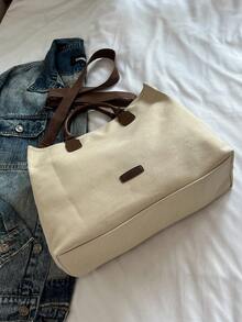 1pc Canvas Tote Bag, Large Capacity, Simplistic Design, Suitable For Women, Fits Laptop And Textbooks, Lightweight And Portable, Ideal For Daily Use, Commuting, School, College Students