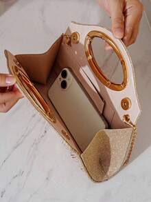 Lightweight Business Casual Rhinestone Decorated Bucket Bag Mini Drawstring Design, Transparent Faux Pearl Evening Bag, Charming, Elegant, Exquisite, Low-Key Luxury, Rhinestone Accents, Suitable For Party Girls, Women, Brides, Perfect For Parties, Evening/Banquet, Christmas Party Dresses. - Champagne - View 5